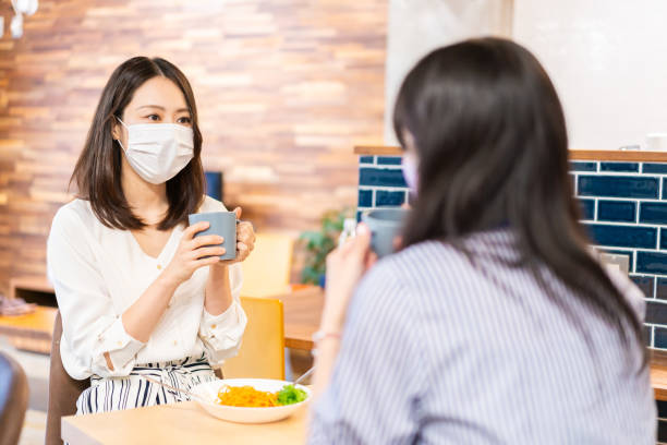 istock Two young women having lunch with mask on 1351651162