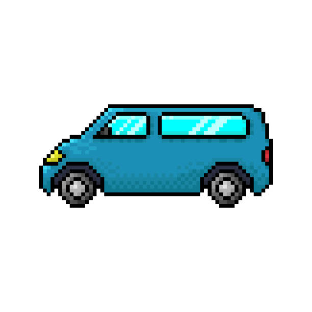 ilustraciones, imágenes clip art, dibujos animados e iconos de stock de icono de coche pixel. silueta lineal de contorno de color. perfil. ilustración gráfica plana simple vectorial. el objeto aislado sobre un fondo blanco. aislar. - mini van