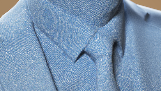 Close-up of neck and tie of a bizarre statue made of denim fabric. 3D digital render