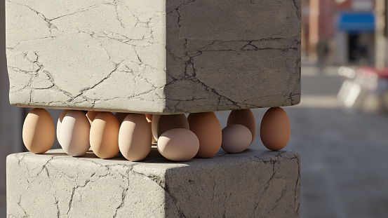A few fragile eggs are holding the weigth of a concrete column. 3D Digital render to represent resilience.
