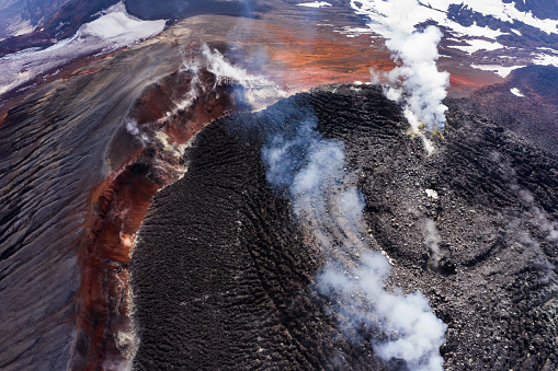 Drone view of the top of active volcano crater