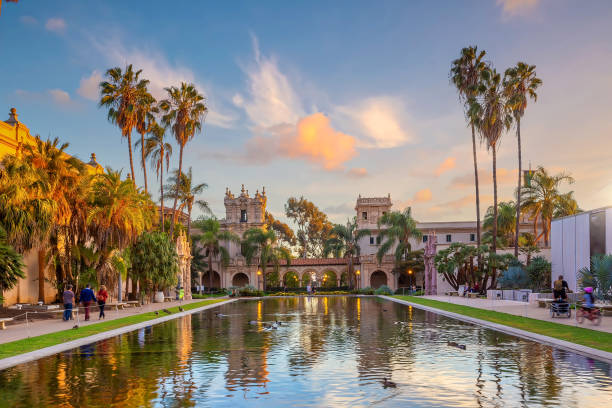 parco pubblico di san diego balboa al tramonto in california - night downtown district north america san diego california foto e immagini stock