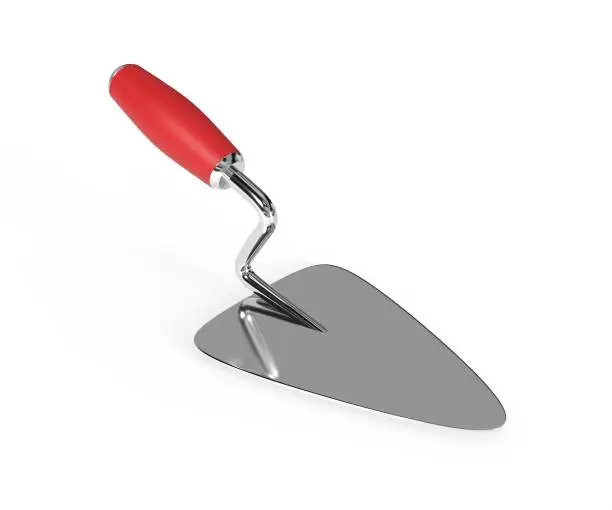 Photo of 3d render illustration cement trowel isolated on white background. Realistic new bricklayer trowel. Mason tool for building. Metal spatula with a red plastic handle. Construction tool.