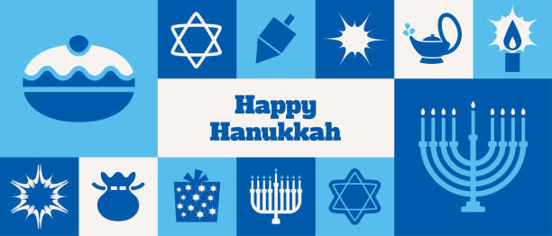 ilustraciones, imágenes clip art, dibujos animados e iconos de stock de banner/tarjeta de felicitación de iconos de hanukkah - v2 - menorah
