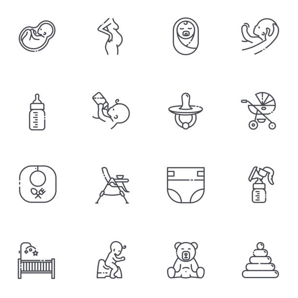 Set of vector childhood and pregnancy line icons isolated Set of vector childhood and pregnancy line icons isolated on transparent background. stacking food containers stock illustrations