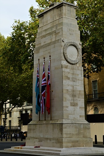 A view of the architectural detail of the stone war memorial in the city of London