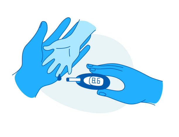 Mother help sugar test diabetes kid, blood sugar meter doodle style drawing. vector art illustration