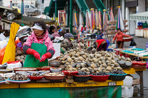 Busan, South Korea - March 25, 2016: Business street seafood. The trading market sea delicacies.