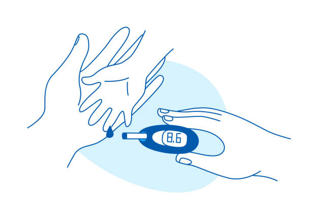 Mother help sugar test diabetes kid, blood sugar meter doodle style drawing. vector art illustration