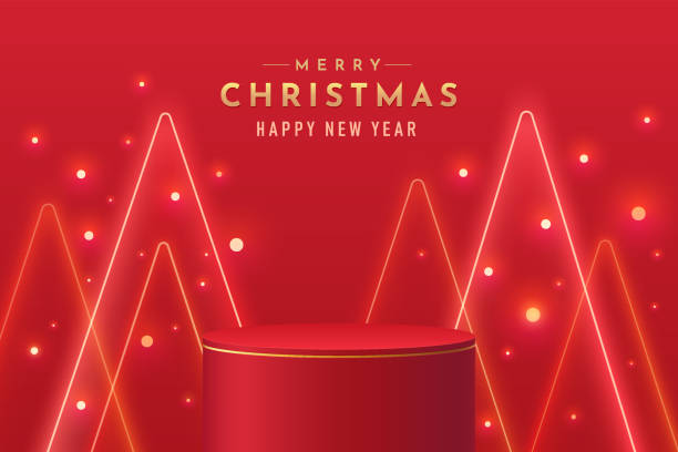 ilustrações de stock, clip art, desenhos animados e ícones de red and gold luxury geometric stand podium with illuminate triangle and glitter. vector abstract studio room with 3d platform design. minimal merry christmas scene for promotion display, showcase. - tree set