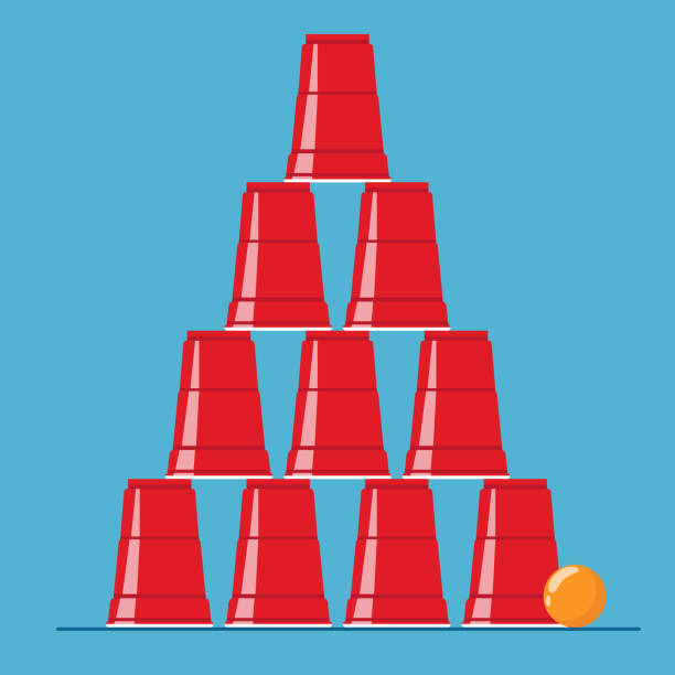 stockillustraties, clipart, cartoons en iconen met red beer pong pyramid illustration. plastic cups and ball. traditional party drinking game. vector - verjaardagsspellen