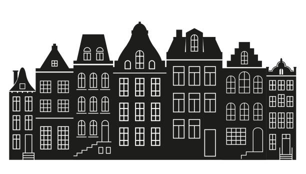 stockillustraties, clipart, cartoons en iconen met silhouette of a row amsterdam style houses. facades of european old buildings for christmas decoration. vector - grachtenpand