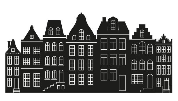 Silhouette of a row Amsterdam style houses. Facades of European old buildings for Christmas decoration. Vector Silhouette of a row Amsterdam style houses. Facades of European old buildings for Christmas decoration. Vector illustration canal house stock illustrations