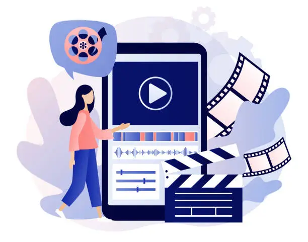 Vector illustration of Video editor studio. Video maker online course. Tiny woman footage editing and making multimedia content production in smartphone app.Modern flat cartoon style. Vector illustration on white background