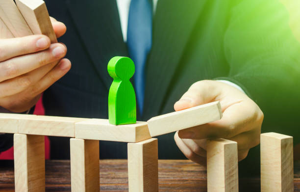 istock A businessman builds a path way for a green figure. Make a path to success, support and financial assistance. Build a business and company. Career growth and professional development. Education. 1351669524