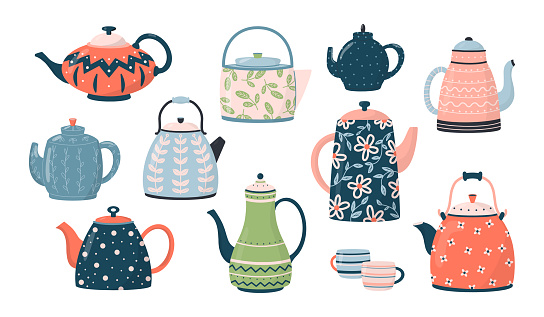 Collection of teapots and kettles isolated on white background. Ceramic drinkware or glassware for tea ceremony. Flat cartoon vector illustration
