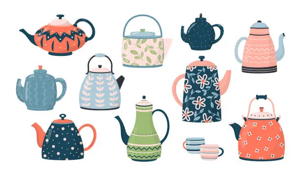 Vector illustration of Collection of teapots and kettles isolated on white background. Ceramic drinkware or glassware for tea ceremony. Flat cartoon vector illustration