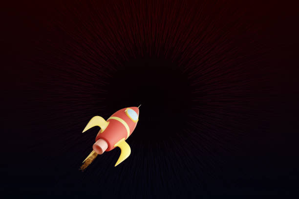 istock 3d render of space rocket red color on abstract circular speed dynamic geometric background. 1351670881