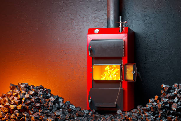 istock Boiler room with a solid fuel boiler surrounded by a heap of coal 3D 1351672168