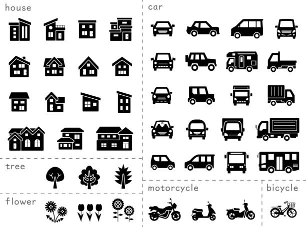набор иконок дома и автомобиля и велосипеда и растения - силуэт иконки - классификационная версия - silhouette bus symbol motor scooter stock illustrations