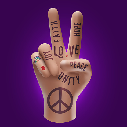 Peace hand gesture sign with words tattoos on it. Peace love poster concept. Vintage styled vector eps 10 illustration