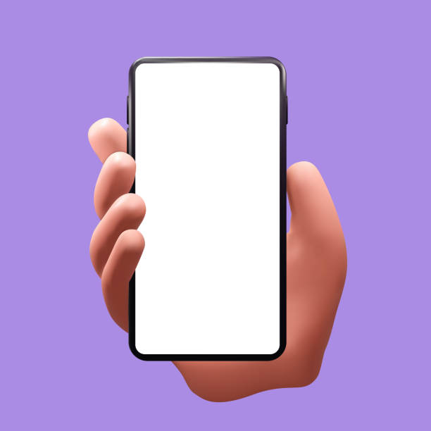 Phone with blank white screen in hand mockup isolated on purple background. Realistic vector illustration Phone with blank white screen in hand mockup isolated on purple background. Realistic vector eps 10 illustration iphone hand stock illustrations