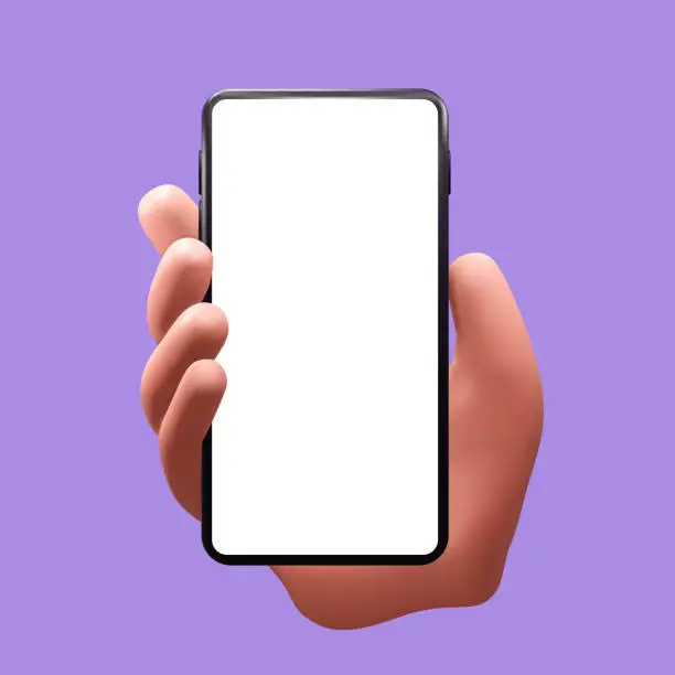 Vector illustration of Phone with blank white screen in hand mockup isolated on purple background. Realistic vector illustration
