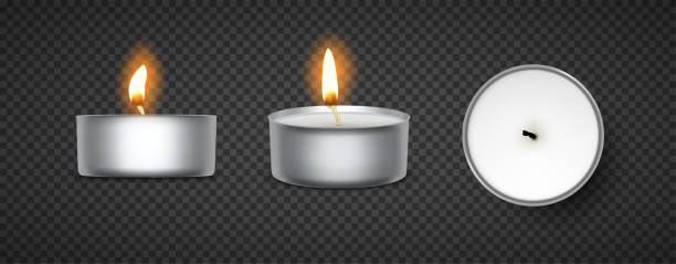 투명 한 배경에 고립 된 화재와 벡터 현실적인 차 촛불 - tea light candle white single object stock illustrations