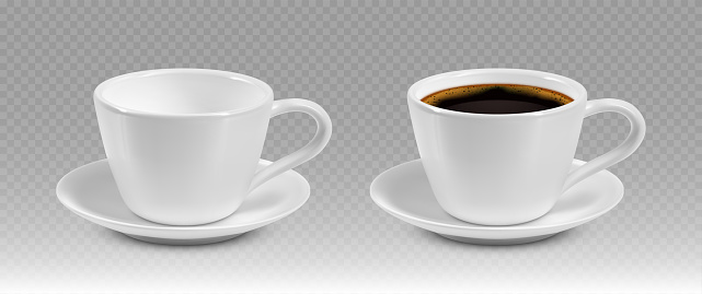 White realistic coffee cups isolated on transparent background