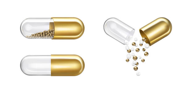 illustrazioni stock, clip art, cartoni animati e icone di tendenza di set di diverse capsule d'oro su sfondo bianco. illustrazione vettoriale - blue medicine narcotic healthy lifestyle