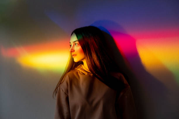 neon light girl fashion model rainbow gradient