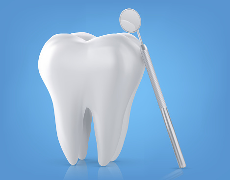 Dental model of a tooth, illustration as a concept of dental examination of teeth, dental health and hygiene.