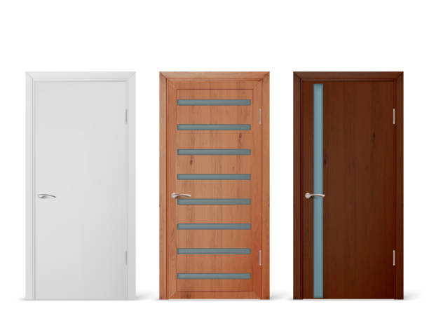 istock Vector realistic different closed brown wooden door icon set closeup isolated on white background. Elements of architecture. Design template for graphics, Front view 1351681171