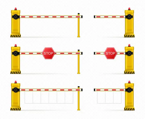 Vector illustration of Vector realistic car barrier. Barricade, road block for parking entrance. Closed parking car barrier gate set with stop sign isolated on transparent background.