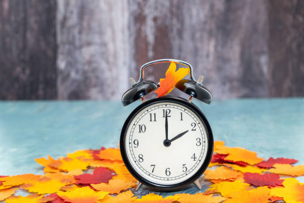 istock Alarm clock with autumn leaves 1351684759