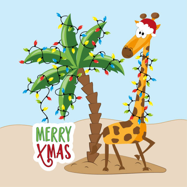 illustrations, cliparts, dessins animés et icônes de joyeux noël - jolie girafe au chapeau de père noël, sur l’île avec palmier et lumières de noël. - christmas palm tree island christmas lights