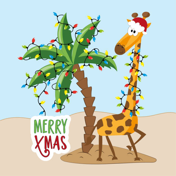 illustrazioni stock, clip art, cartoni animati e icone di tendenza di buon natale - simpatica giraffa con cappello di babbo natale, sull'isola con palme e luci di natale. - christmas palm tree island christmas lights