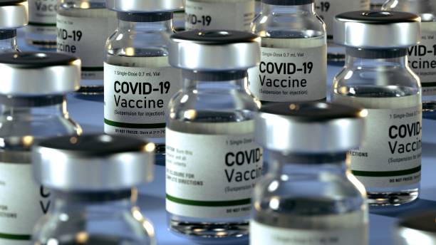 Covid Vaccine vials - Photo of COVID-19 Delta Variant Vaccines for pandemic of Corona Virus Lambda Strain. Pharma medical vaccine ampules stock photo