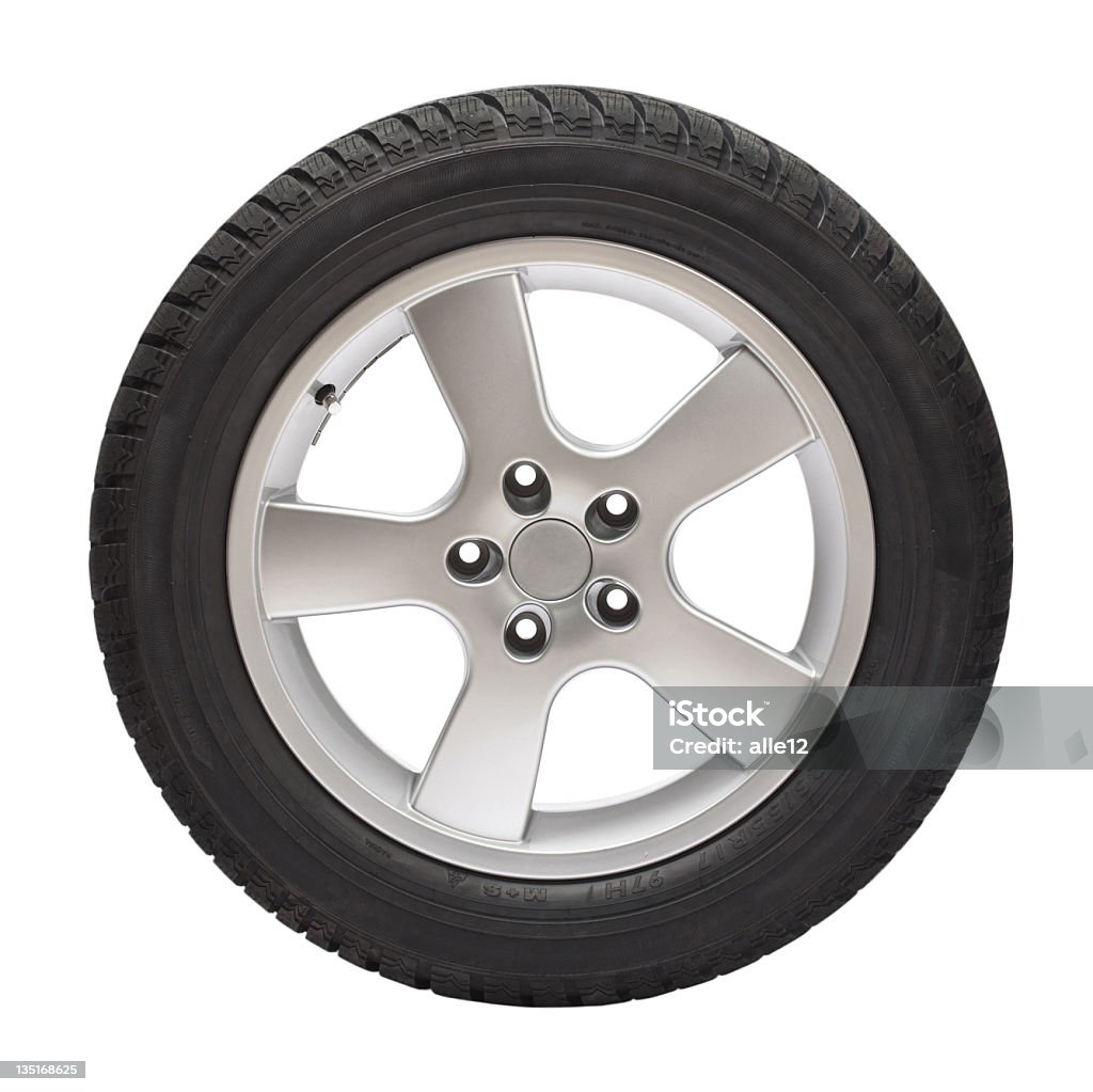 Black tire with steel wheel on white background .Brand new winter tire  with wheel (clipping path). Tire - Vehicle Part Stock Photo