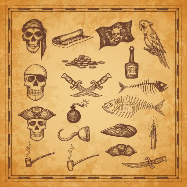 Pirate map and flag, skulls, dagger and fish bones Pirate map and flag, skull, dagger and fish bones, vector sketch elements. Pirate treasure island map icons, weapon, rum bottle and parrot, tobacco pipe, candles and captain hook, sea adventure political joke stock illustrations