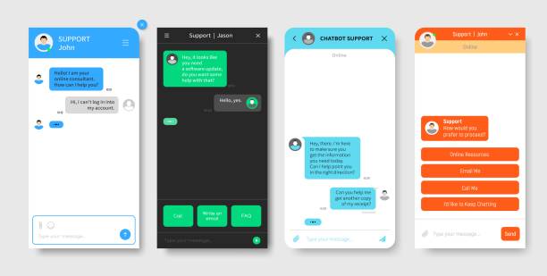 support chat window, chatbot or bot messenger app - kurye stock illustrations