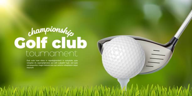 Golf club, ball on grass field, sport tournament Golf club and ball tee on grass field, vector sport tournament poster background. Golf championship or team competition event banner with golf ball and stick on green putter field background golf stock illustrations