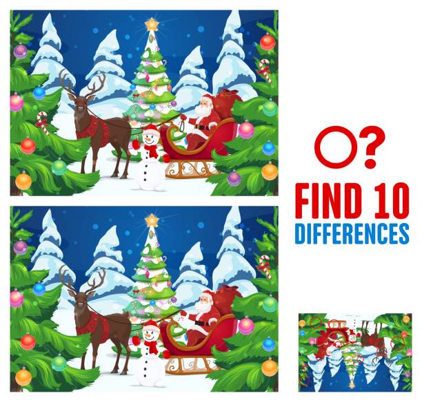 Child Christmas find ten differences game vector Child find ten differences game with Santa and Christmas tree. Kids logical riddle with comparing task, children holiday puzzle game. Santa in sleigh, reindeer and snowman characters cartoon vector multiple christmas trees stock illustrations