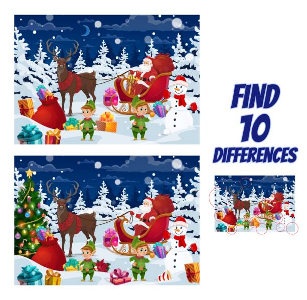 Kids Christmas find difference playing activity Kids Christmas find difference playing activity, holiday game with comparing and searching details task. Puzzle game with Santa riding sleigh, elfs and snowman characters, gifts on snow cartoon vector multiple christmas trees stock illustrations