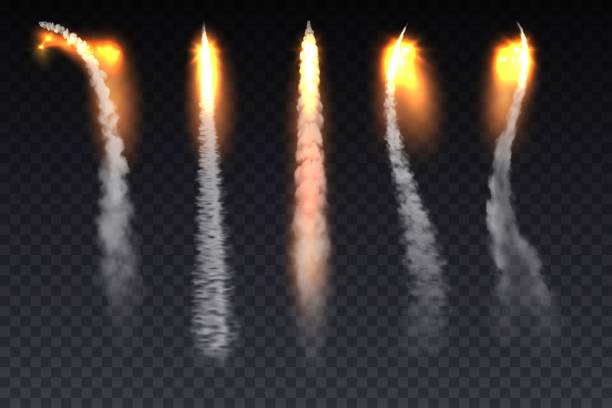 로켓 화재 연기 흔적, 우주선 발사 트랙 - space rocket fire flame stock illustrations