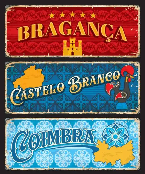 Vector illustration of Braganza, Castelo Branco, Coimbra Portuguese signs