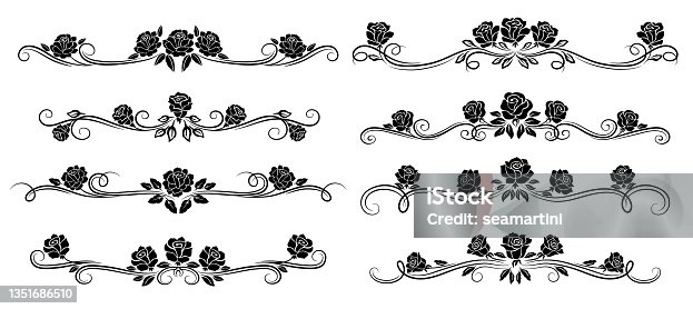 istock Black rose flower borders, dividers, floral swirls 1351686510