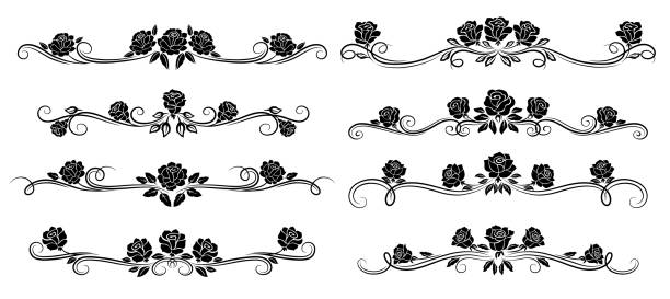 Black rose flower borders, dividers, floral swirls Black rose flower borders, dividers and floral swirls. Monochrome headers, vector retro embellishments, vintage roses with blossom buds and leaves. Decorative isolated vignettes set fairy rose stock illustrations