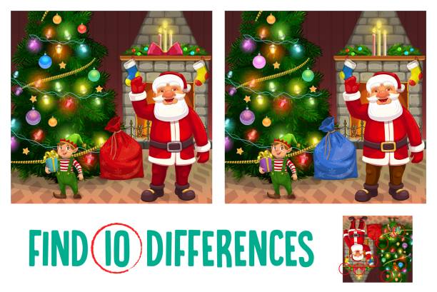 Kids Christmas game, find ten differences riddle Kids Christmas game, find ten differences riddle with Santa Claus and elf characters, Christmas tree in living room, gifts cartoon vector. Children playing activity with image details search task multiple christmas trees stock illustrations