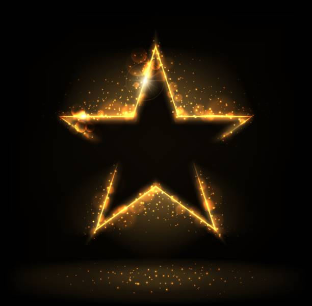 Golden star with sparkle, glitter, stardust glow Golden star with sparkle, glitter, stardust and glow bokeh, shiny gold star. Vector star with glowing edges, empty border with shimmer and lens flare effect. Award celebration template background fame stock illustrations